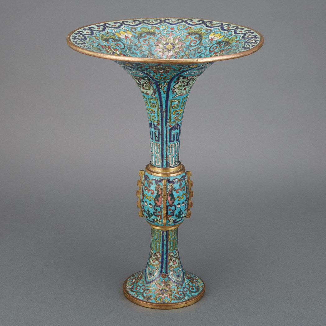 Appraisal: Chinese Cloisonne Enamel Gu Vase th Century The slender form