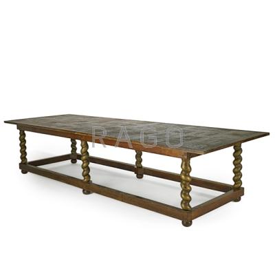 Appraisal: BAROQUE STYLE CONFERENCE TABLE Oak parquetry top and stretcher base