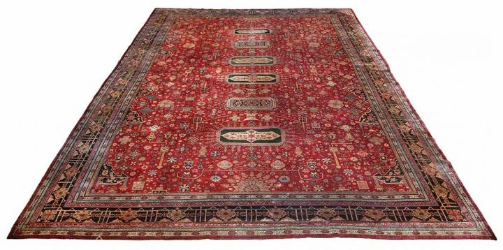 Appraisal: Sarouk Fereghan Carpet North Persia circa Six polychrome rectangular medallions