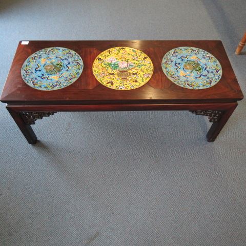 Appraisal: Chinese Coffee Table with Cloisonne Plaques a trio of round