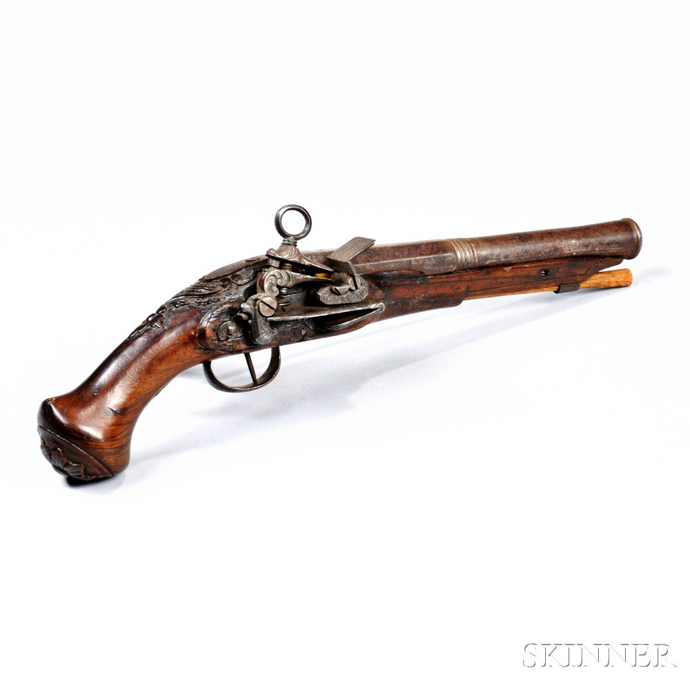 Appraisal: Spanish Miquelete-lock Pistol c th century ornately carved walnut stock