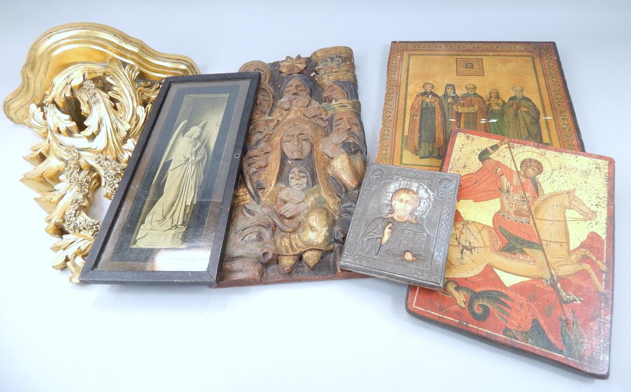 Appraisal: Miscellaneous items to include Russian style icons a carved wooden