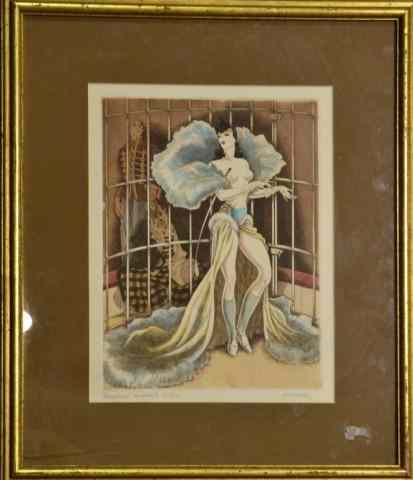 Appraisal: SIGNED LITHOGRAPH OF A NUDEA nude in a cage wearing