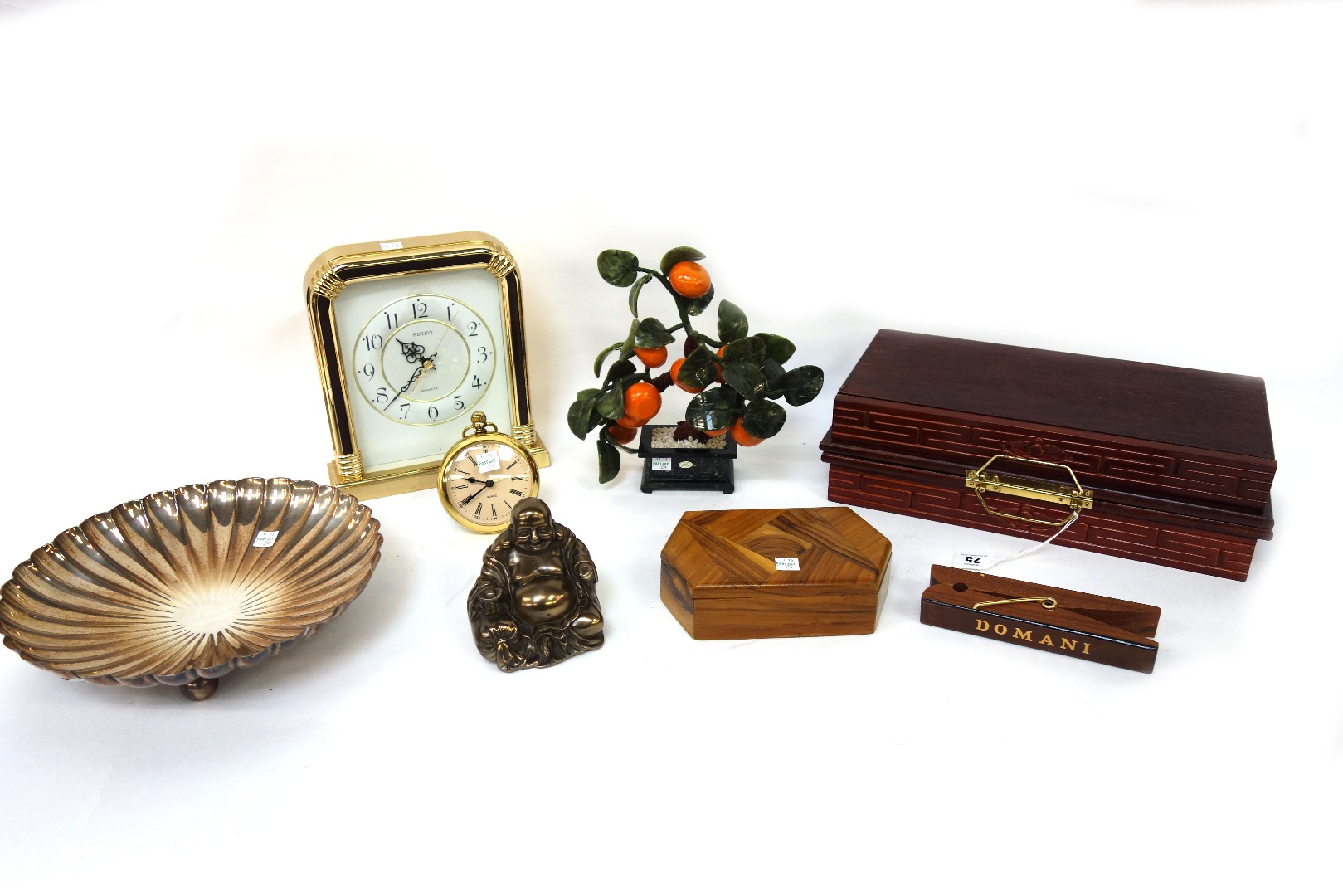 Appraisal: A modern Asian chess set and board three timepieces a