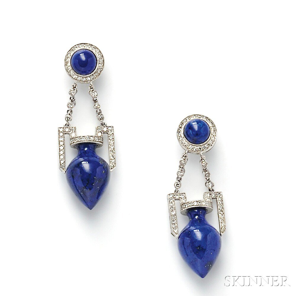 Appraisal: Platinum Lapis and Diamond Earpendants each lapis urn suspended from