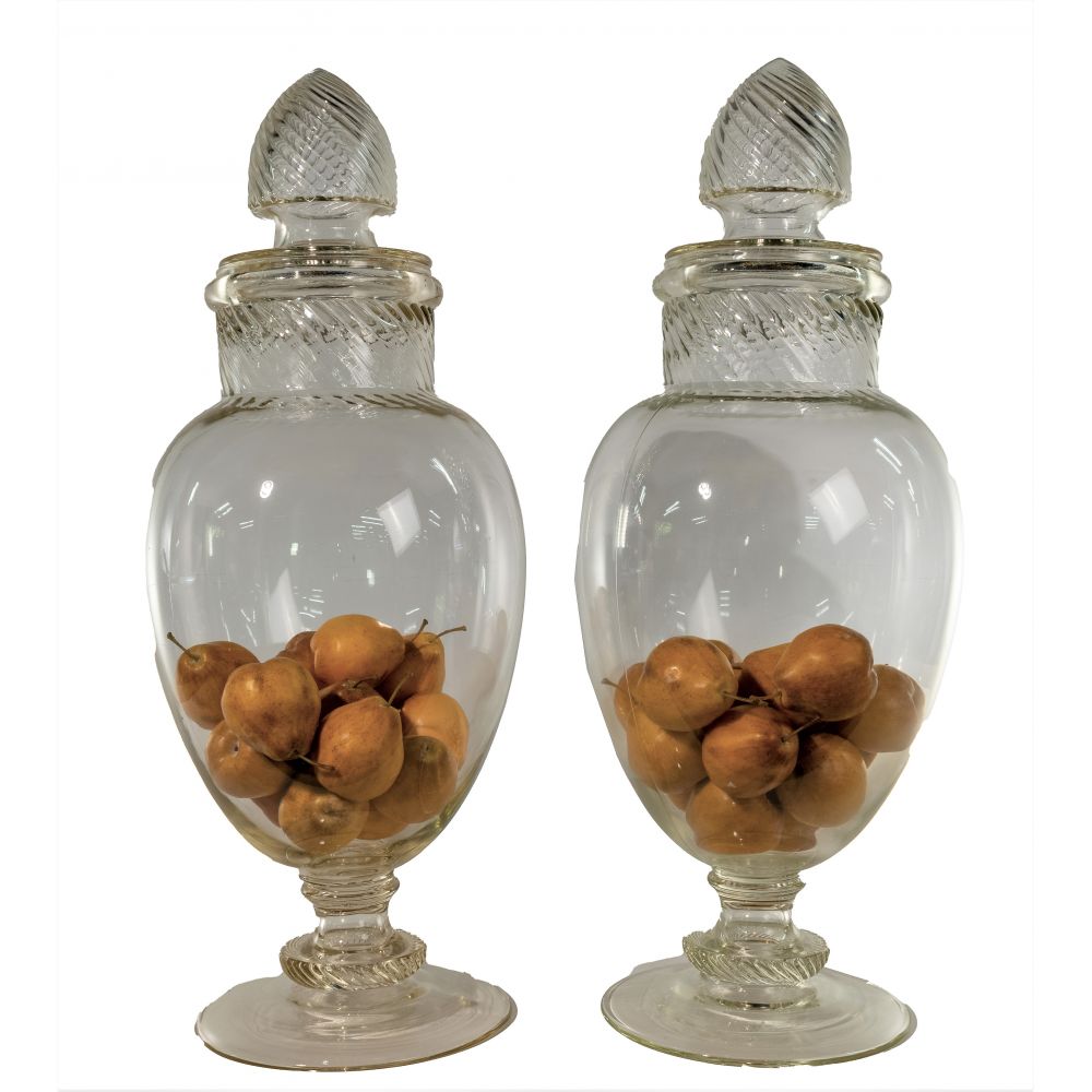 Appraisal: APOTHECARY JARSPair of -mold glass jars with lids having swirled