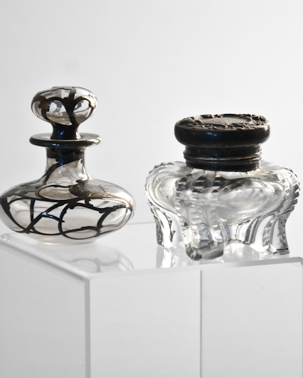 Appraisal: Two Pieces Glass Inkwell with Sterling Lid monogram and Silver