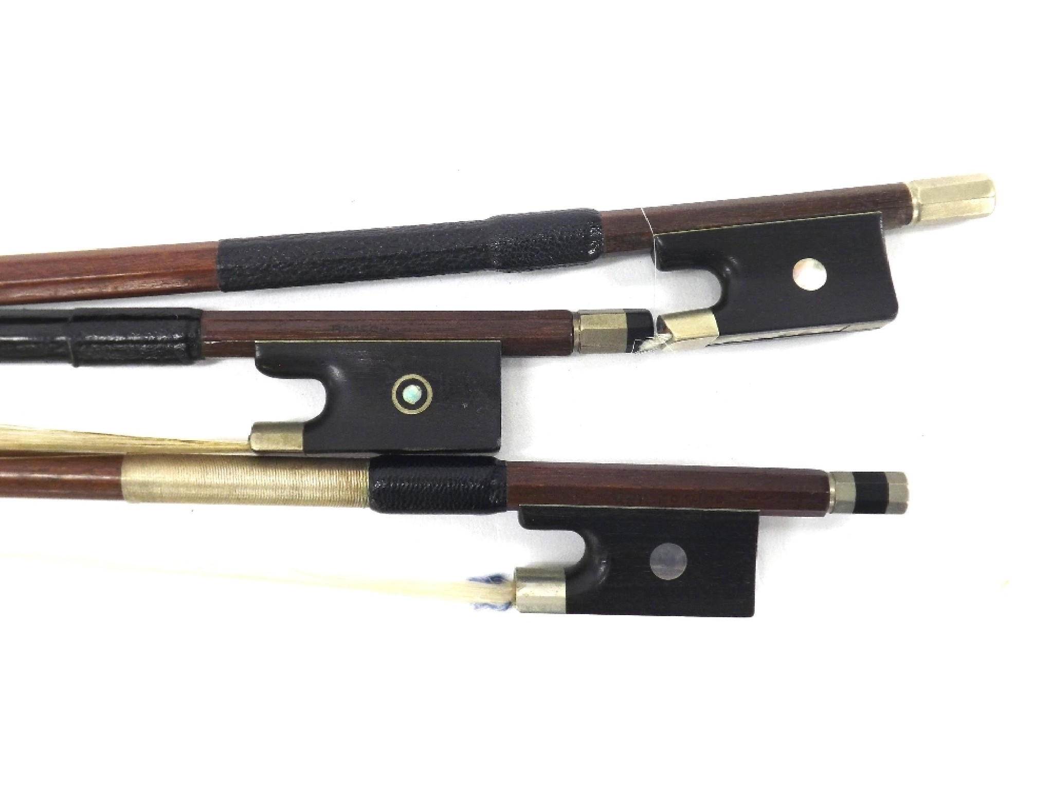 Appraisal: Three nickel mounted violin bows stamped Bausch Ary France and