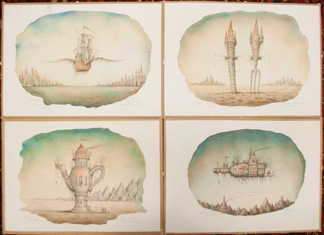 Appraisal: SERGEI TYUKANOV FOUR WATERCOLORS ON PAPER Russian b Fantasy scenes