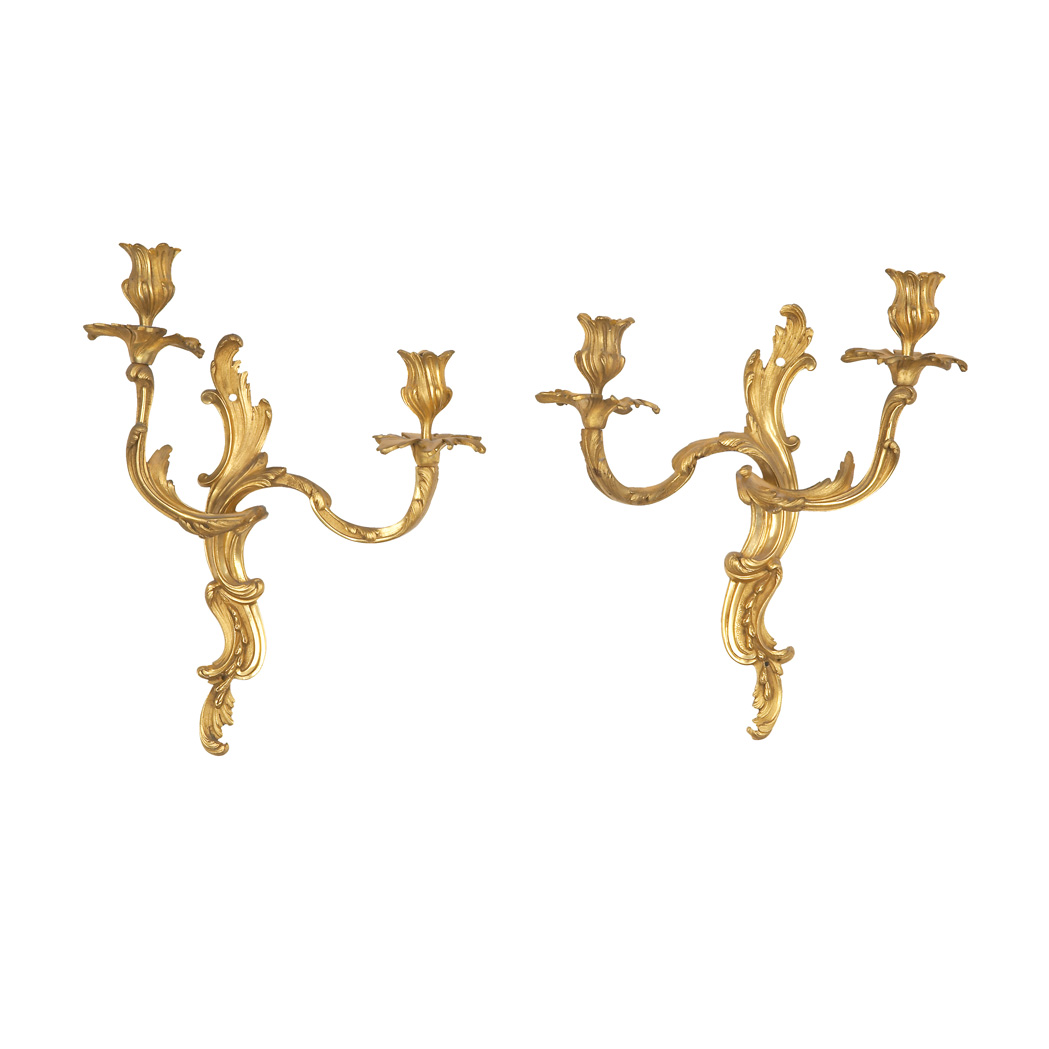 Appraisal: Pair of Early Louis XV Style Gilt-Bronze Two-Light Sconces Each