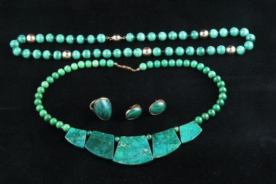 Appraisal: FOUR PIECES MALACHITE AND MALACHITE-TYPE GREEN HARDSTONE JEWELRY Including in