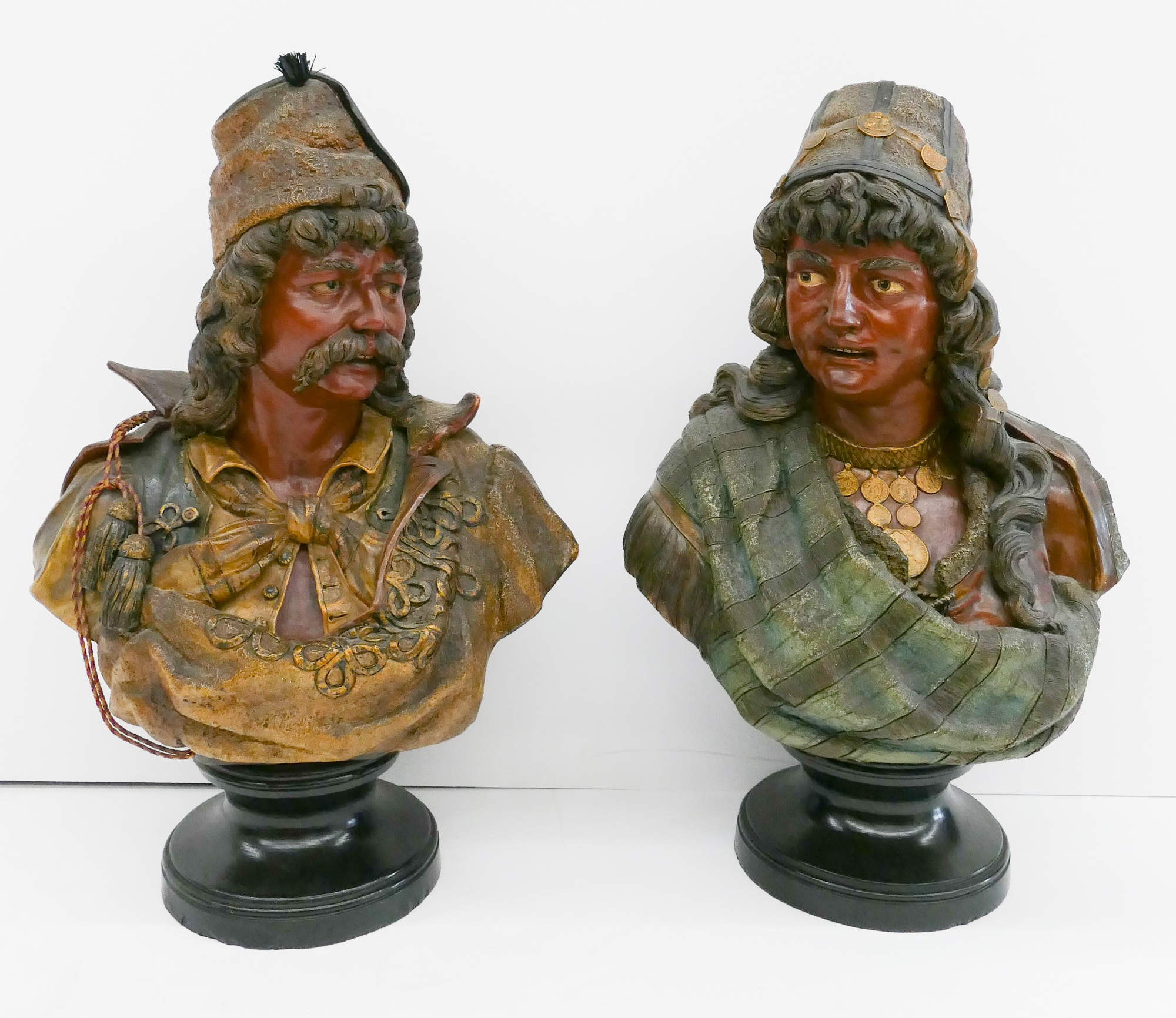 Appraisal: Pair Orientalist Terracotta Busts Unsigned but likely Goldscheider A pair