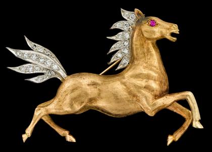 Appraisal: Whimsical karat yellow gold diamond and pink sapphire 'horse' pinFlorentine