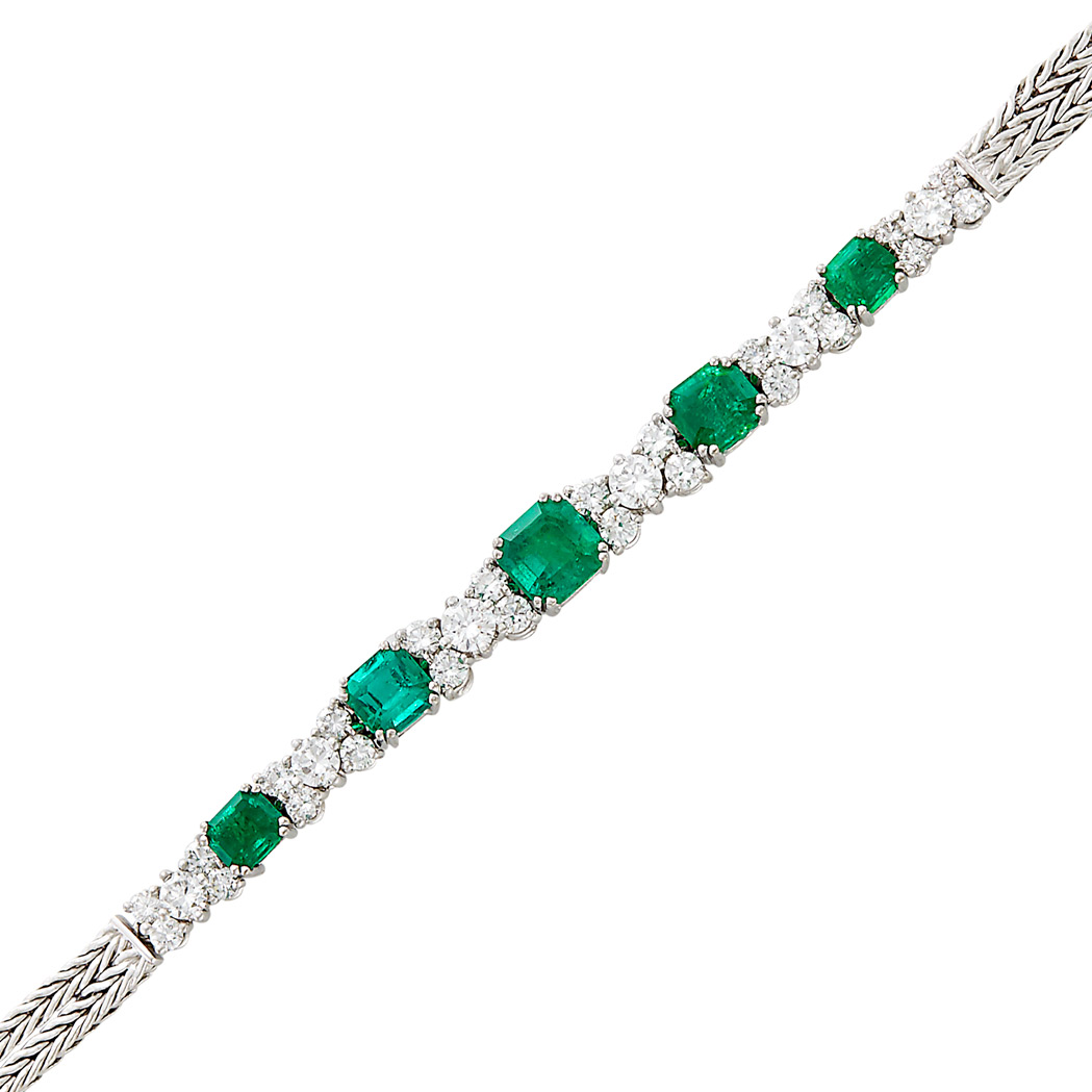 Appraisal: White Gold Emerald and Diamond Bracelet cut-cornered emerald-cut emeralds ap