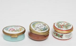 Appraisal: Halcyon Days Enamel Pill Boxes Halcyon Days enamel pill boxes