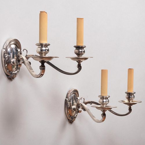 Appraisal: PAIR OF SILVERED-METAL TWO-LIGHT WALL SCONCES x x in Condition