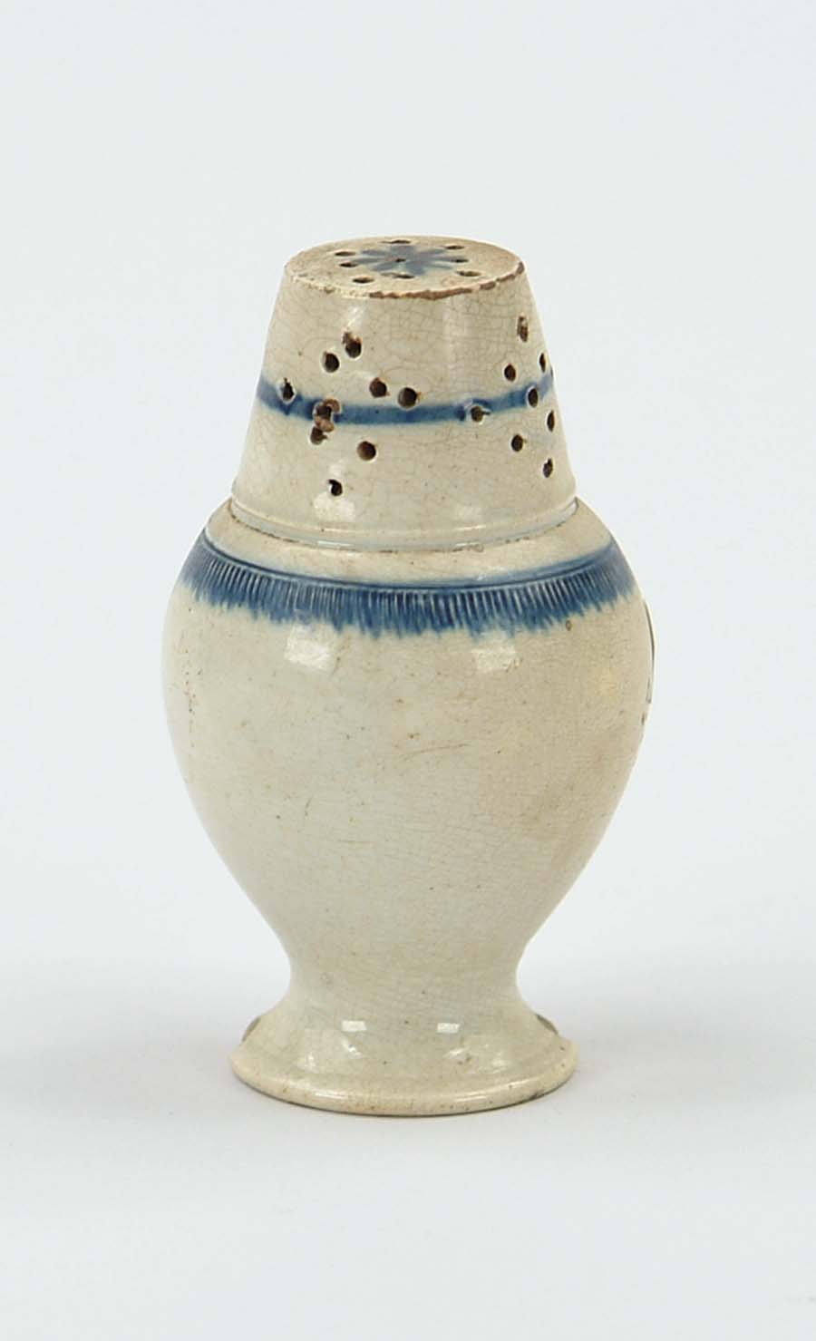 Appraisal: LEEDS WARE BLUE AND WHITE SHAKER Interesting form with bulbous