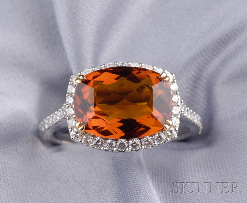 Appraisal: Citrine and Diamond Ring prong-set with a fancy-cut cushion-shape citrine