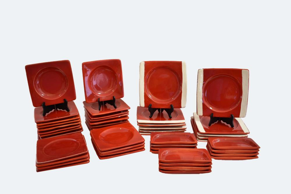 Appraisal: FRENCH RED GLAZED POTTERY LUNCHEON SERVICESigned Tilda Thamar Vallauris recessed