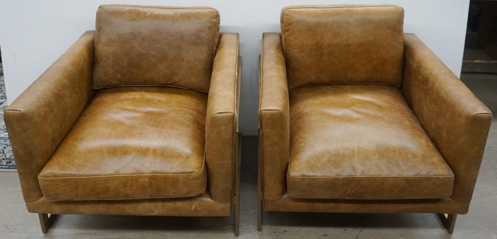 Appraisal: PAIR MODERN BRASS PLATED METAL TAN LEATHER UPHOLSTERED 'LONDON' CLUB