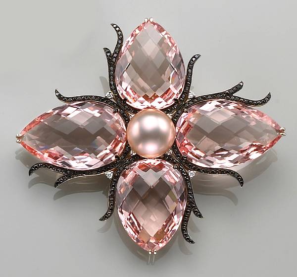 Appraisal: Morganite and Black Diamond Brooch Exquisite craftsmanship and design are