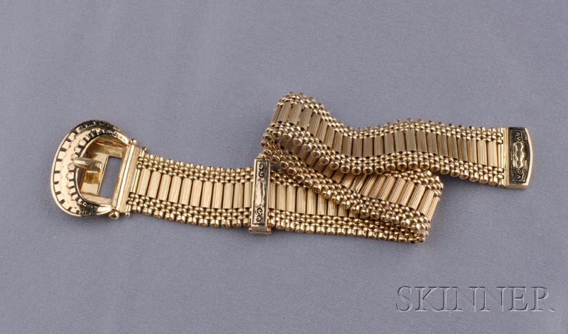 Appraisal: kt Gold Buckle Bracelet c the strap of cylindrical links