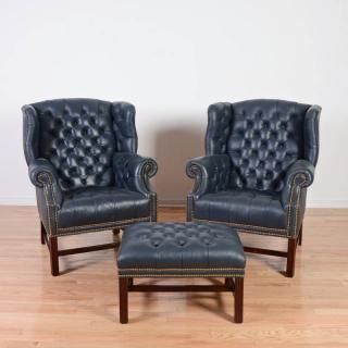 Appraisal: Pair Hancock Moore leather wing chairs and stool th c