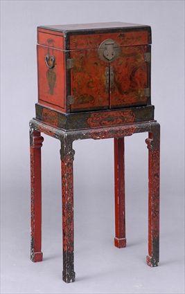 Appraisal: CHINESE BRASS-MOUNTED RED LACQUER CABINET ON STAND The rectangular hinged