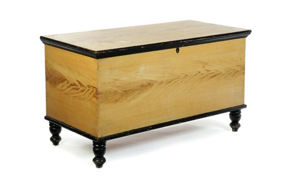 Appraisal: DECORATED BLANKET CHEST Pennsylvania th century pine Turned feet dovetailed