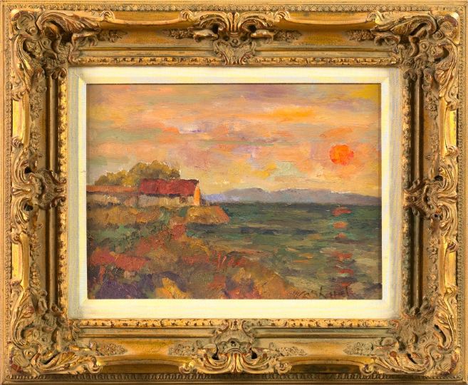 Appraisal: French School st Century Seaside Cottage at Sunset oil on