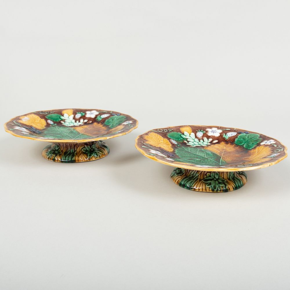 Appraisal: Pair of Wedgwod Majolica Grape and Strawberry Leaf Molded Compotes