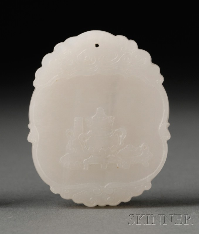 Appraisal: White Jade Pendant th century oval surface carved with the