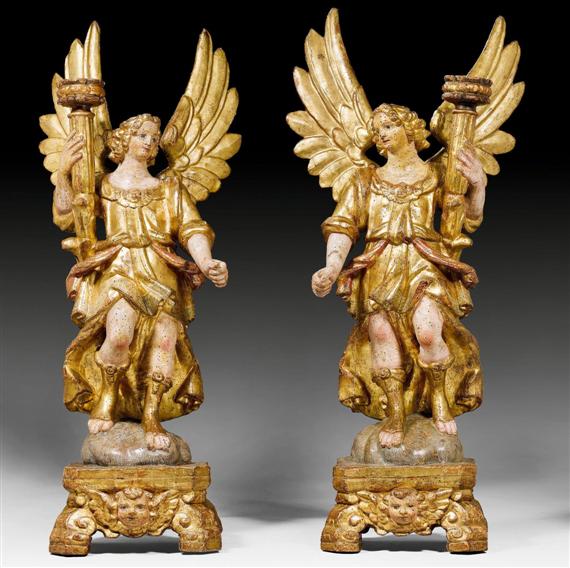 Appraisal: PAIR OF ANGEL CANDLEHOLDERS Renaissance Lombardy th century Wood carved