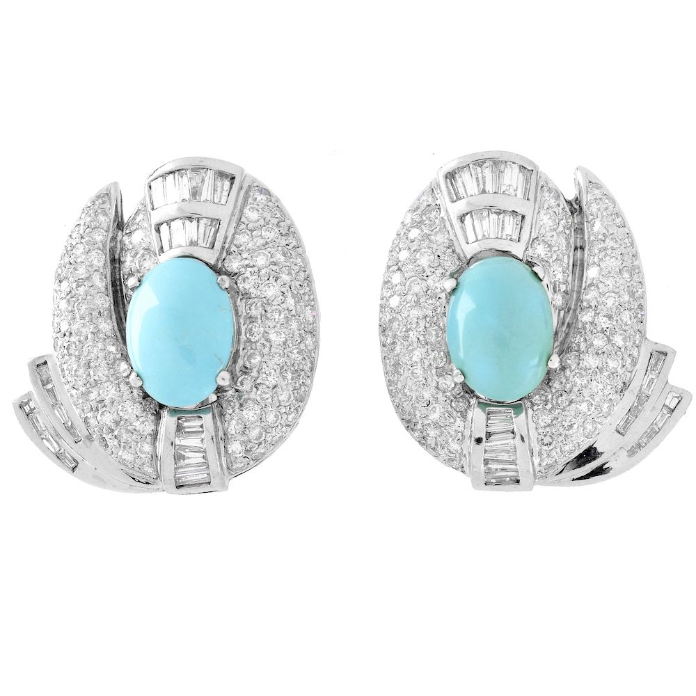 Appraisal: Diamond Turquoise and K Gold Earrings Carat TW Pave Set