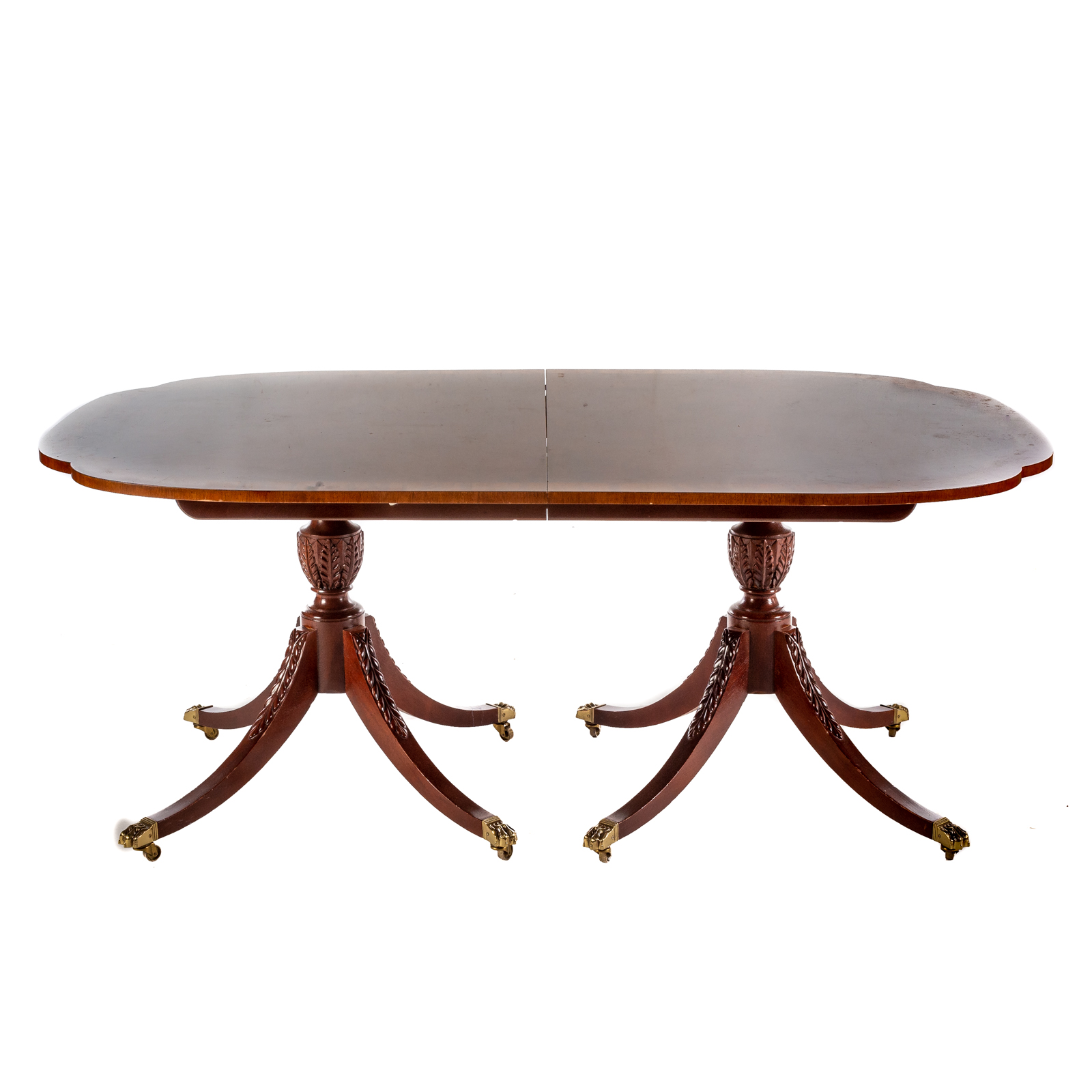 Appraisal: BAKER MAHOGANY INLAID DOUBLE PEDESTAL DINING TABLE Georgian style shaped