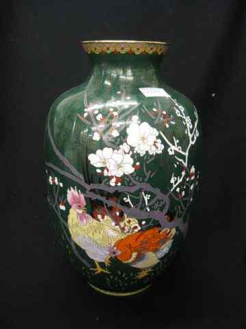 Appraisal: Chinese Cloisonne Vase chickens foliage on deep green '' excellent