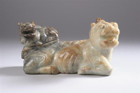 Appraisal: CHINESE SOAPSTONE QILIN FIGURAL GROUP th century PROVENANCE Estate of