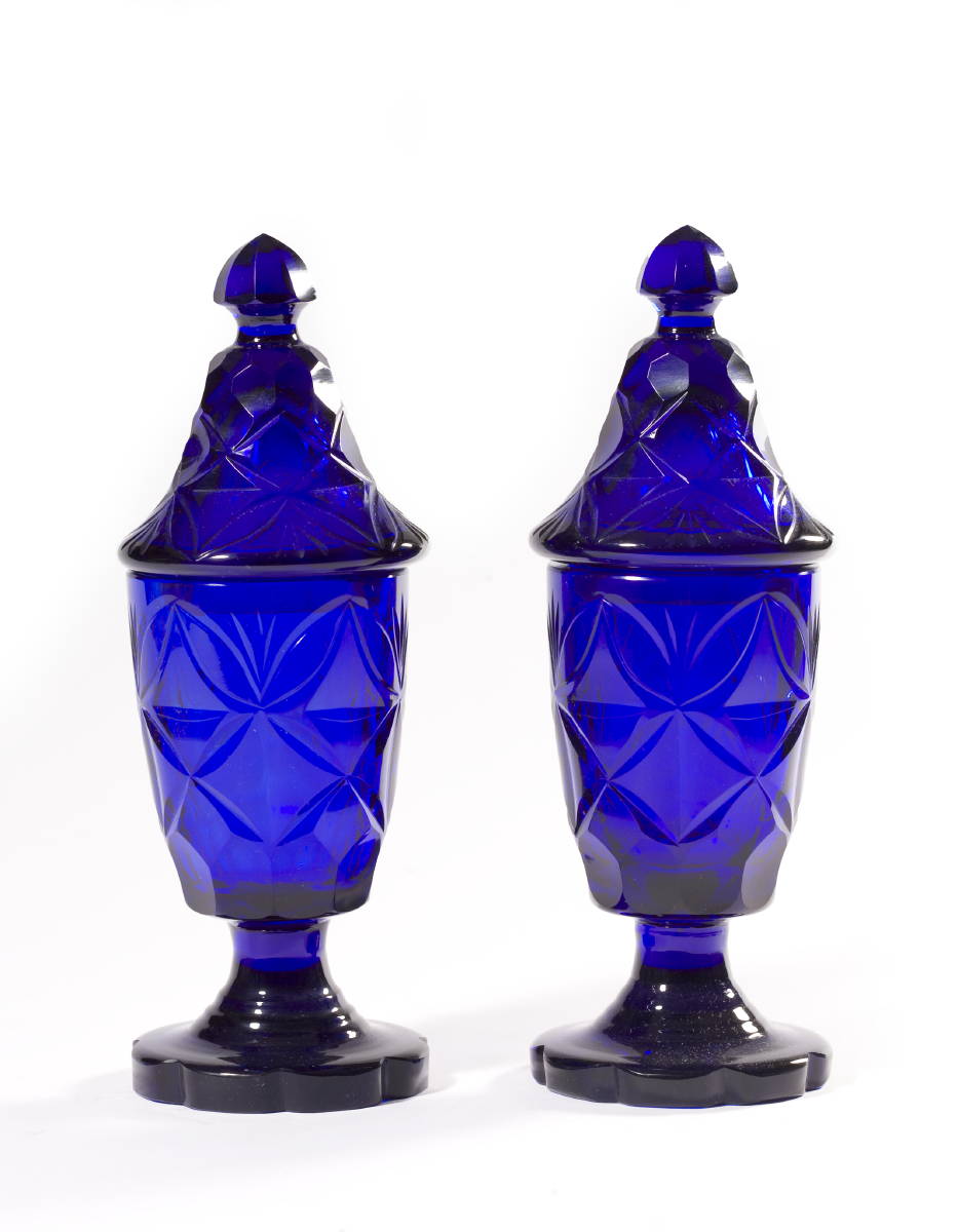 Appraisal: PAIR OF COBALT-BLUE CUT GLASS COVERED SWEAT MEAT JARS Height