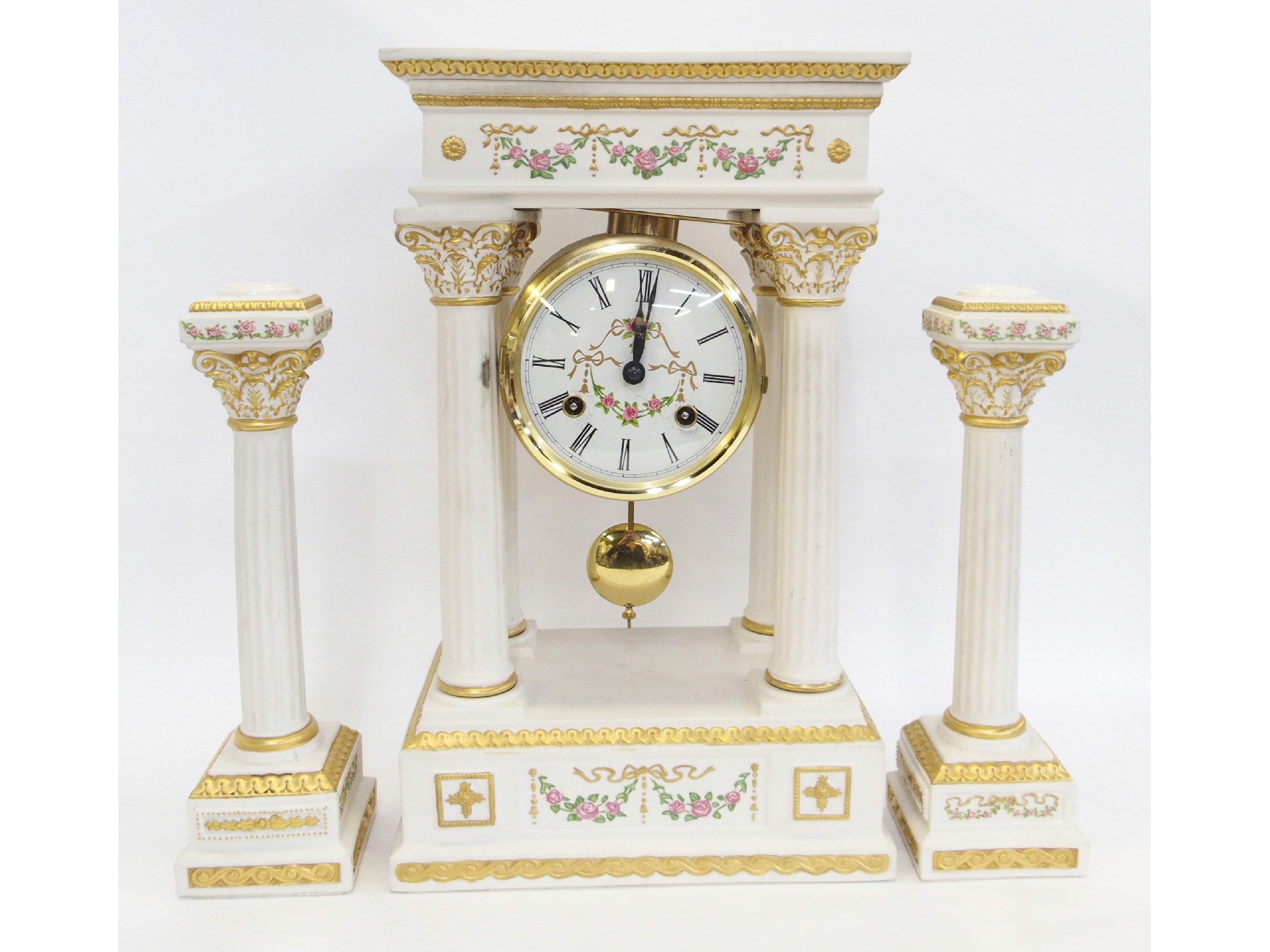 Appraisal: Painted porcelain three-piece clock garniture with candlesticks