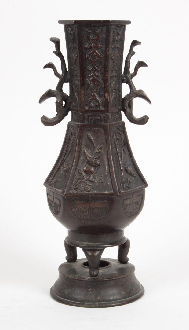 Appraisal: Chinese bronze hexagonal vase th century with branch-form handles each