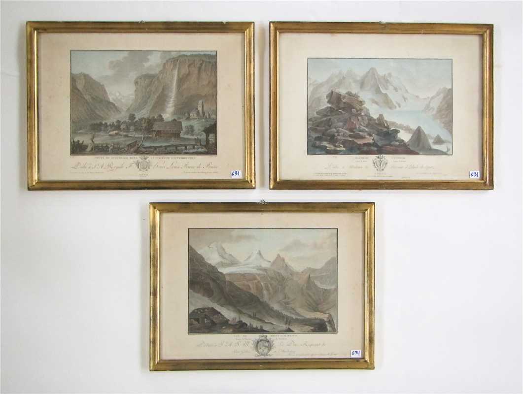 Appraisal: SWISS ALPS THREE ENGRAVINGS AND AQUATINTS IN COLOR Lauterbrunnen Lauteraar