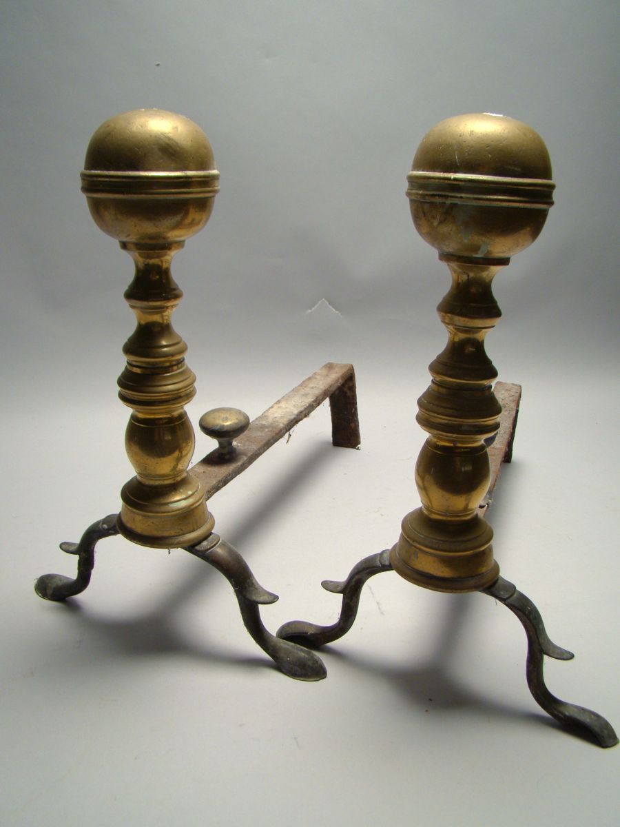 Appraisal: PAIR OF ANTIQUE AMERICAN BRASS BALL-TOP ANDIRONS With ribbed ball