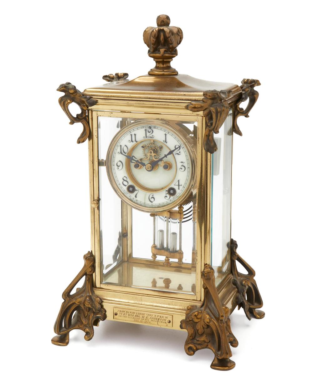 Appraisal: An American Art Nouveau brass crystal regulator mantel clock First-quarter