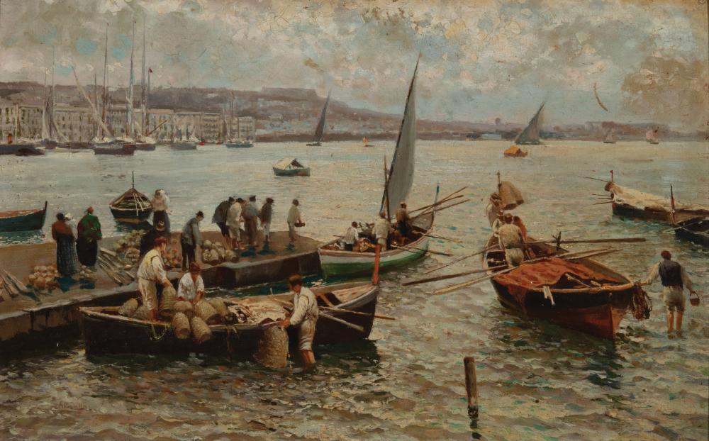 Appraisal: Attilio Pratella Italian - Busy Day in the Harbor oil