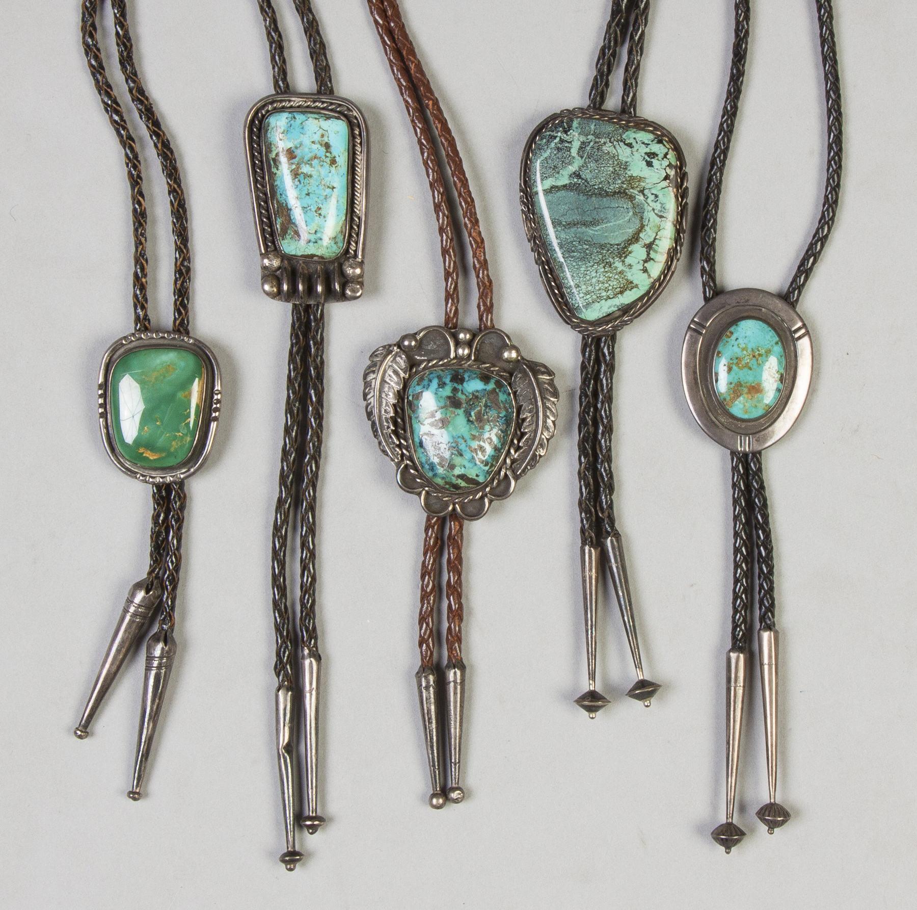 Appraisal: Five Navajo Silver Turquoise Bolo Ties First three marked Bennett