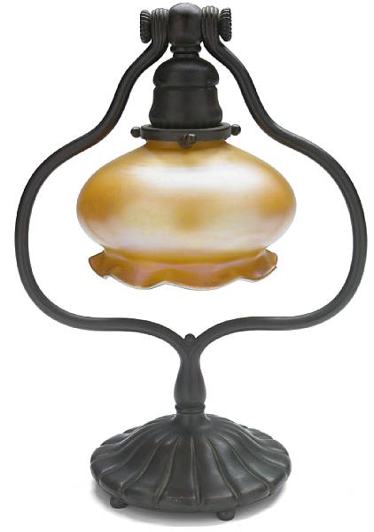 Appraisal: A Tiffany Studios bronze and Quezal glass lamp - floriform