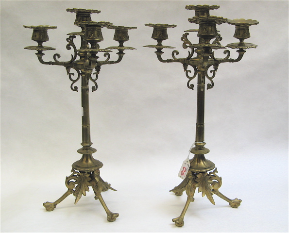 Appraisal: PAIR BRASS PLATED ORNATE CANDELABRA -light with removable drip pans