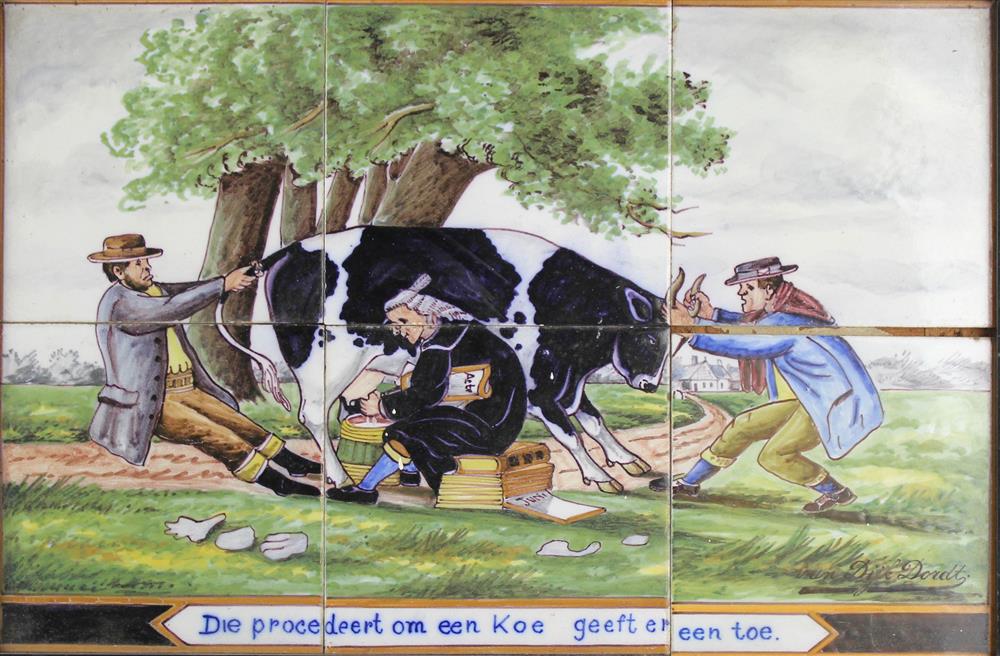 Appraisal: DUTCH DELFT TILE PICTURE WITH AMUSING MILKING SCENE AND A