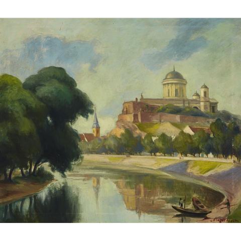 Appraisal: Agost Bojar - BOATERS WITH CATHEDRAL IN THE DISTANCE Hungarian