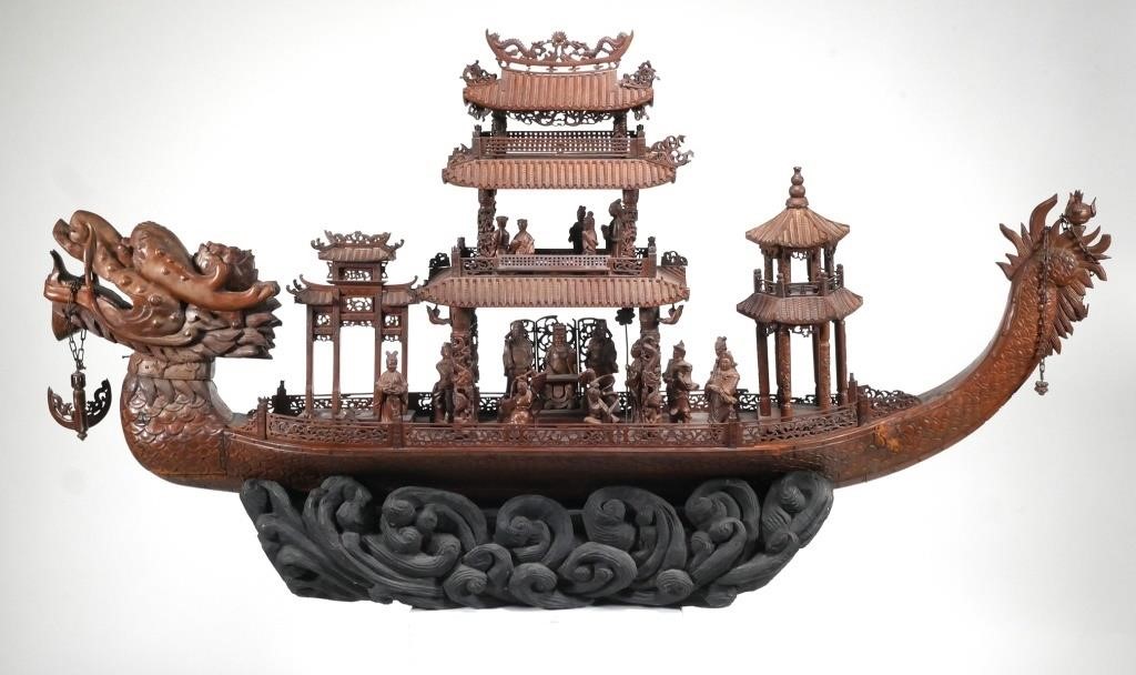 Appraisal: Magnificent hand made Chinese Dragon boat with pagoda structure and